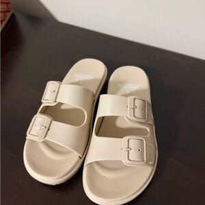 Beige Buckle Slide Sandals